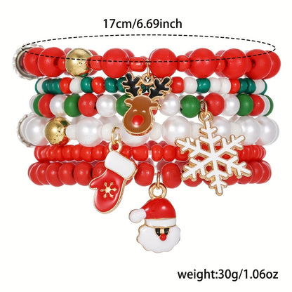 Christmas bracelet set with reindeer bells, Christmas tree beads, and woven polymer clay.