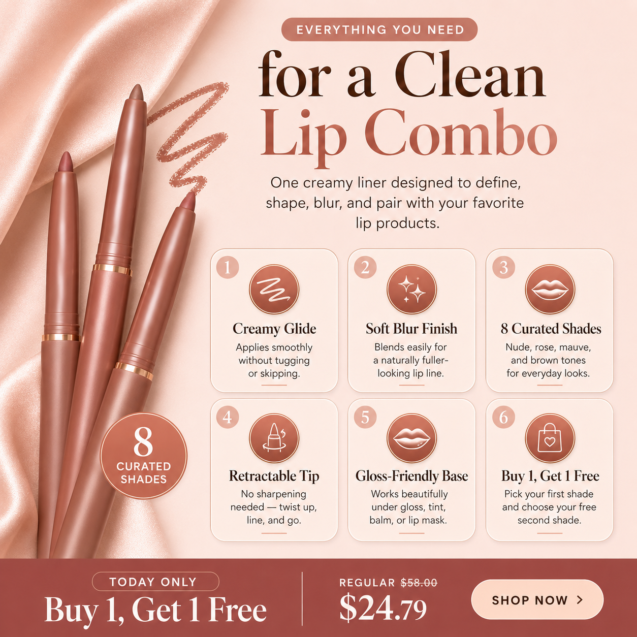 Last Day Buy 1 Get 1 Free Easy Glide Lip Liner — Creamy, Blendable Color with Smooth Application, Summervibes
